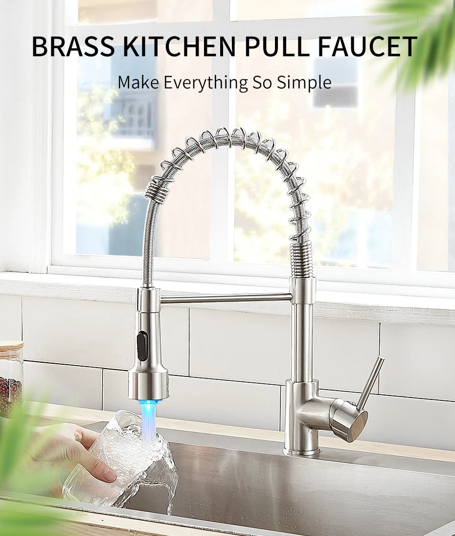 Brush Nickel Kitchen Faucets Brass Faucets for Kitchen Sink Single Lever Pull Down Spring Spout Mixers Tap Hot Cold Water Crane c9f98b-b7.myshopify.com
