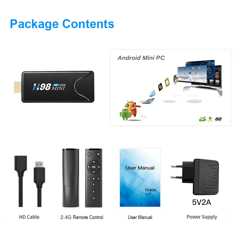 HONGTOP Mini TV Stick H98Mini Android 10 Support 4K HD Video 2.4G/5G WiFi TV Box H.265 Bluetooth Media Player Set Top Box c9f98b-b7.myshopify.com
