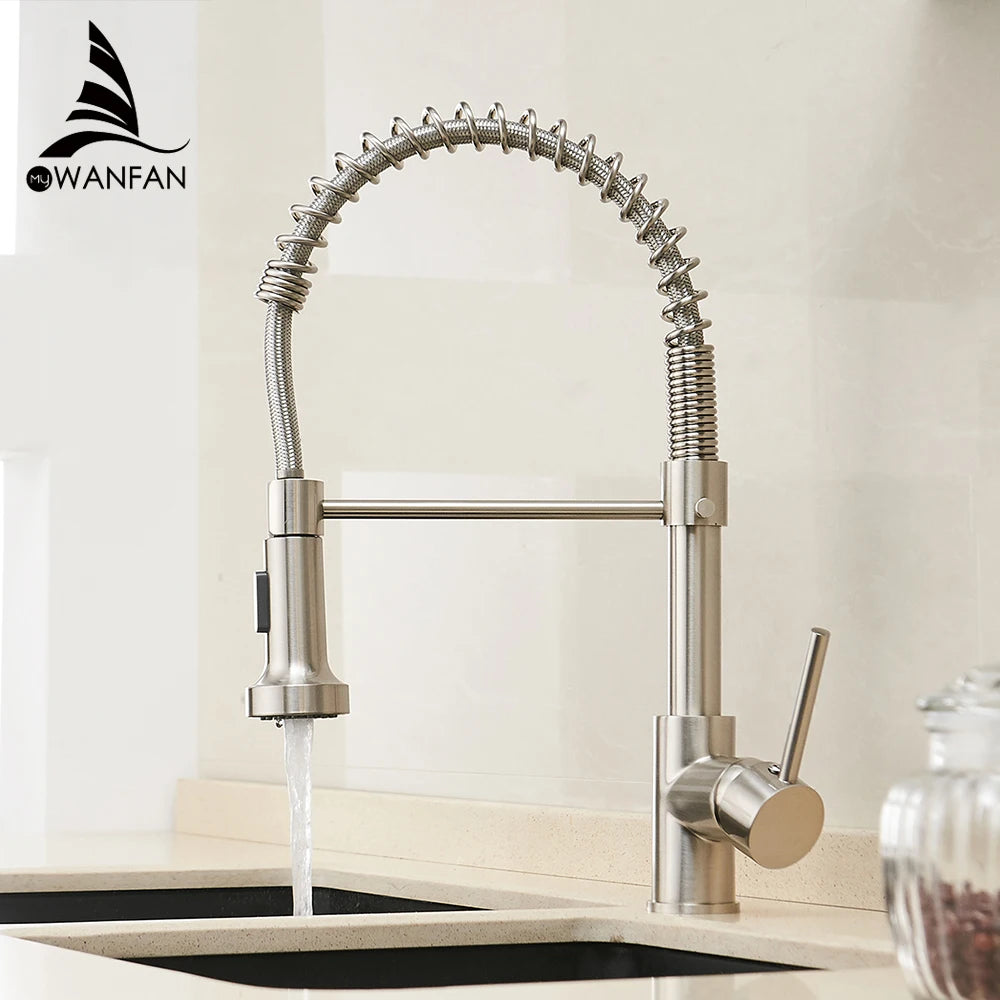 Brush Nickel Kitchen Faucets Brass Faucets for Kitchen Sink Single Lever Pull Down Spring Spout Mixers Tap Hot Cold Water Crane c9f98b-b7.myshopify.com