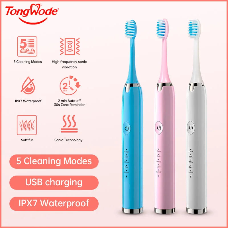 Tongwode Electric Sonic Toothbrush USB Rechargeable Waterproof Electronic Ultrasonic Whitening Tooth Brushes Replacement Heads c9f98b-b7.myshopify.com