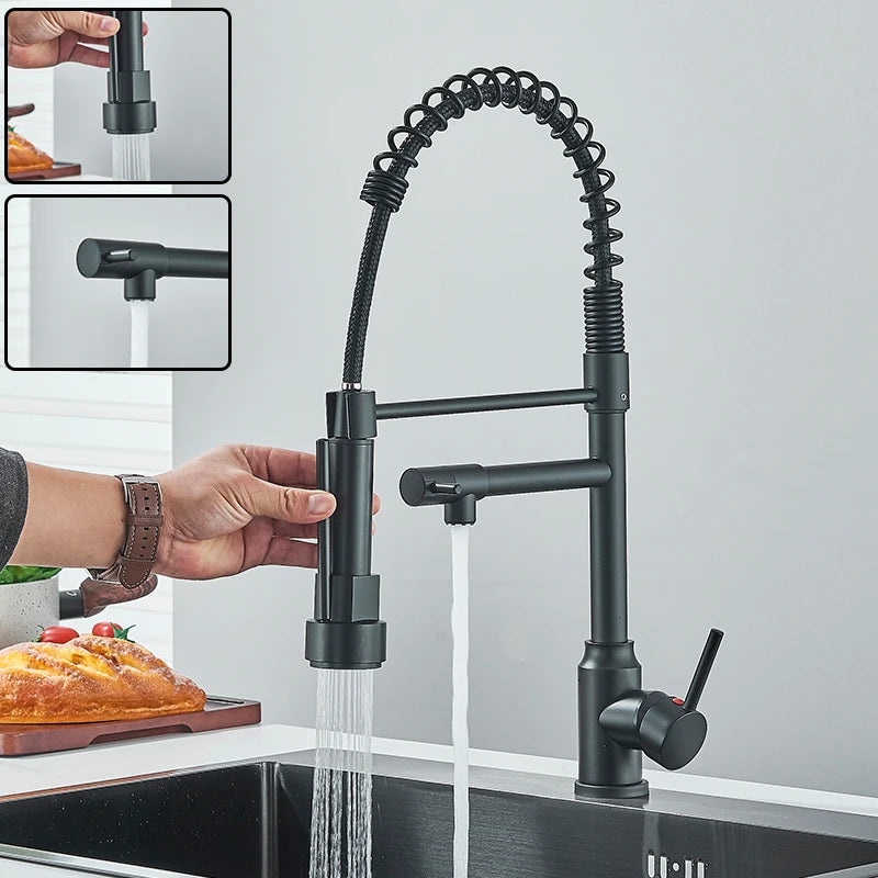 Black Kitchen Sink Faucet Pull Down Hot and Cold Water Mixer2 Mode Tap with Dual Spout 360 Rotation Flexible Deck Mounted c9f98b-b7.myshopify.com