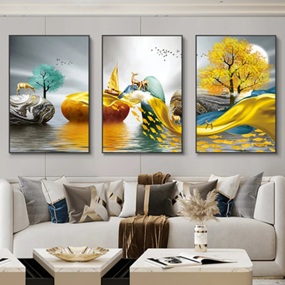 3 Pieces Nordic Luxury Ribbon Abstract Landscape Wall Art Canvas Paintings Modern Gold Deer Poster Print Picture for Home Decor c9f98b-b7.myshopify.com