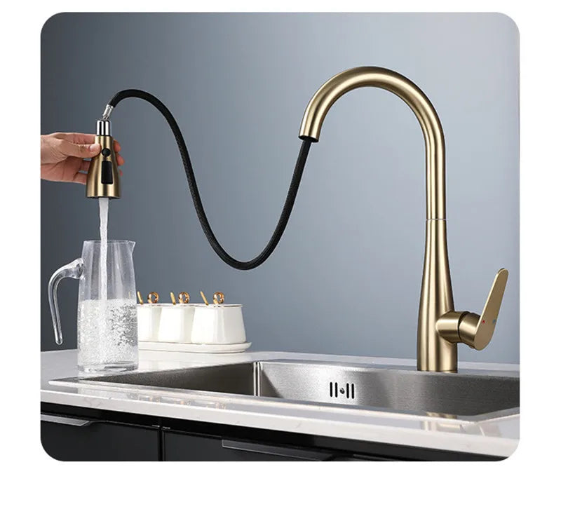 Brushed Gold Pull Out Kitchen Faucet SUS304 Sink Faucet Mixer Tap 360 degree rotation torneira cozinha mixer taps Kitchen Tap c9f98b-b7.myshopify.com