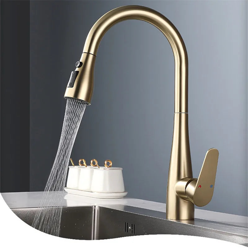 Brushed Gold Pull Out Kitchen Faucet SUS304 Sink Faucet Mixer Tap 360 degree rotation torneira cozinha mixer taps Kitchen Tap c9f98b-b7.myshopify.com