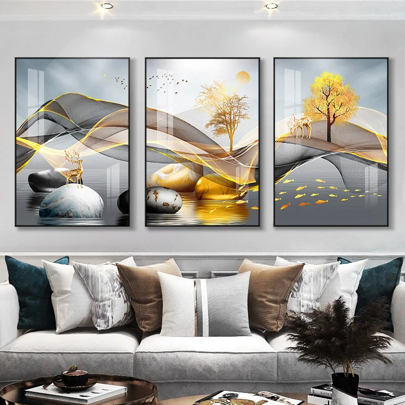 3 Pieces Nordic Luxury Ribbon Abstract Landscape Wall Art Canvas Paintings Modern Gold Deer Poster Print Picture for Home Decor c9f98b-b7.myshopify.com