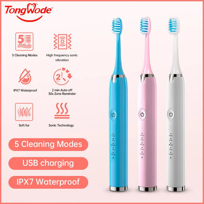 Tongwode Electric Sonic Toothbrush USB Rechargeable Waterproof Electronic Ultrasonic Whitening Tooth Brushes Replacement Heads c9f98b-b7.myshopify.com